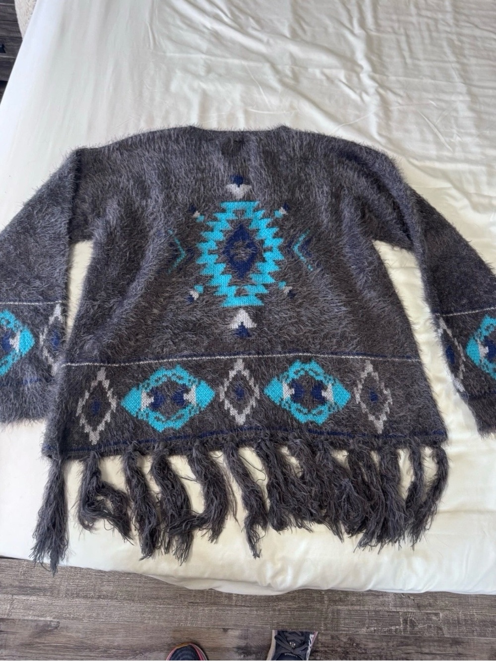 Women's Gray Fuzzy Aztec Fringe Sweater with Turquoise Accents